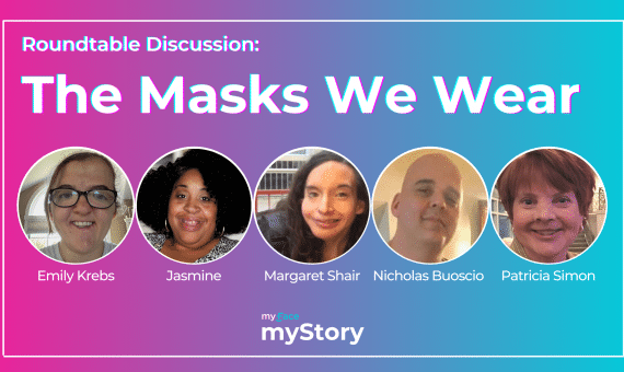 Header Image includes the title "The Masks We Wear" and has headshots of the 5 panelists side by side.