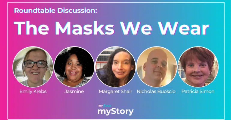 Header Image includes the title "The Masks We Wear" and has headshots of the 5 panelists side by side.