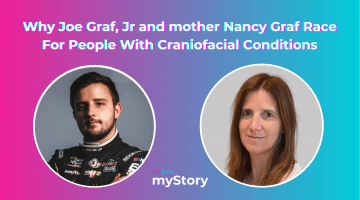 Image includes the page title in white text, with pictures of Joe Graf Jr. and his mother, Nancy Graf, in circles. Joe features a short beard and wears his racing suit while his mother has long brown hair and a white shirt.