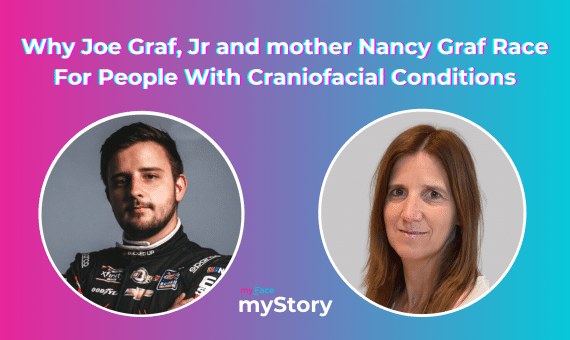 Image includes the page title in white text, with pictures of Joe Graf Jr. and his mother, Nancy Graf, in circles. Joe features a short beard and wears his racing suit while his mother has long brown hair and a white shirt.