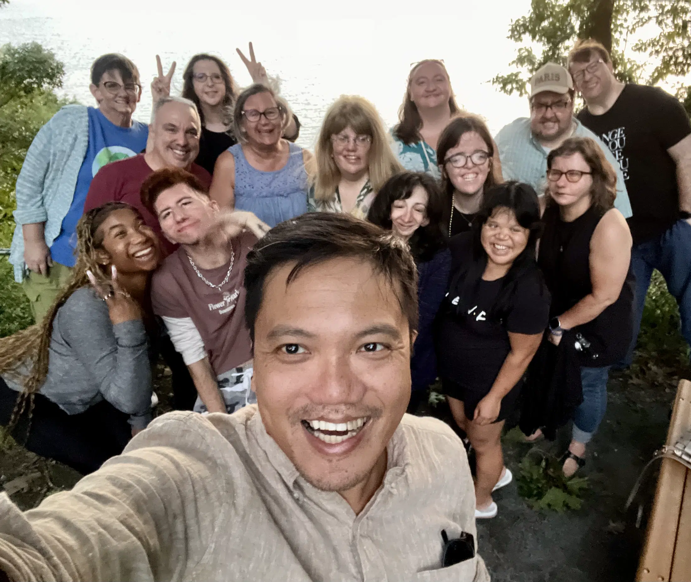 myface-retreat-group group shot in front of lake